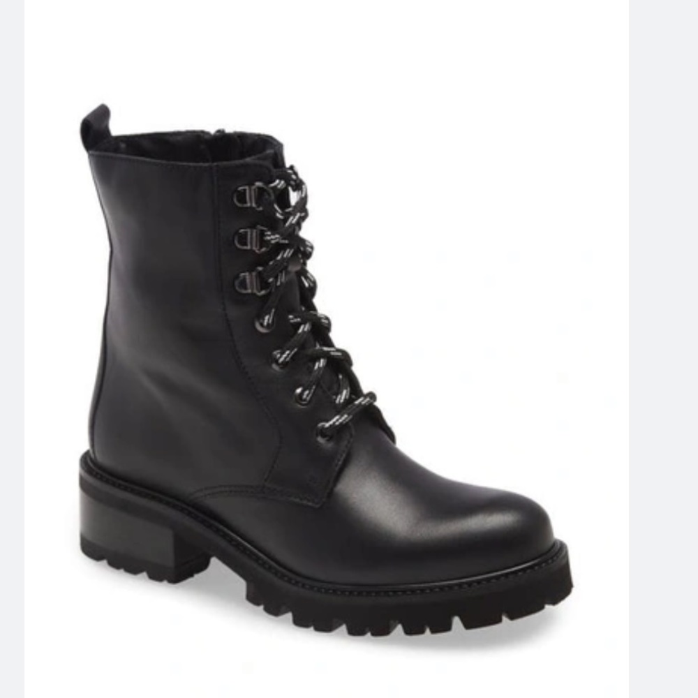 NEW • La Canadienne • Womens Clover Leather Zipper Combat & Lace-up Boots Black